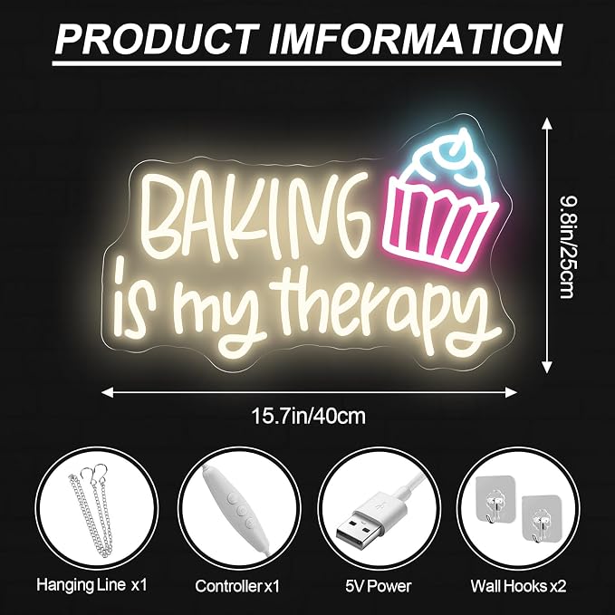 Baking Is My Therapy Neon Sign, Bakery Shop House LED Neon Light Cupcake Coffee - Image 2