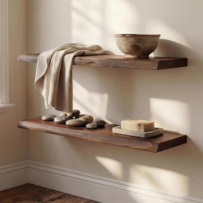 36" Live Edge Floating Shelves, 1.4" Extra Thick Solid Elm Wood Wall Shelf - Image 2