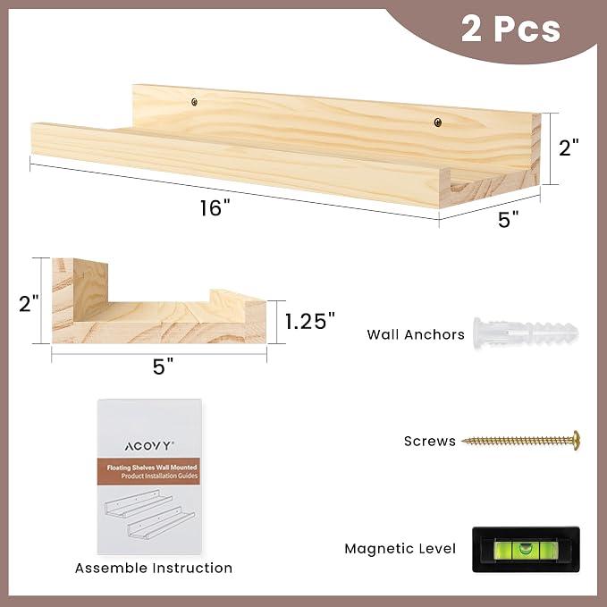 Floating Shelves for Wall, 16 inch Solid Wood Picture Ledge Shelf, Picture - Image 3