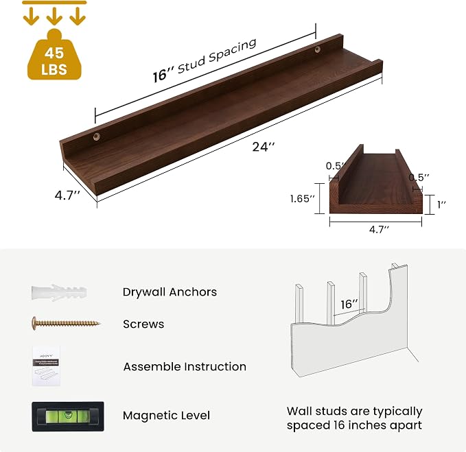 Acovy Solid Ash Wood Picture Ledge Shelf, 24 Inch Floating Shelves - Image 3