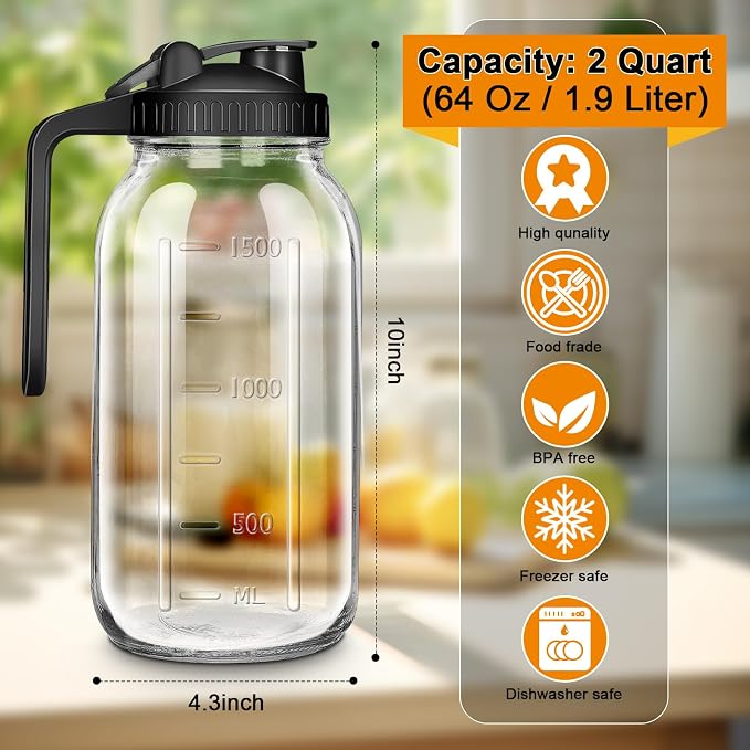 64oz Glass Pitcher with Lid, 2 Quart Mason Jar Pitchers with Lid and Spout - Image 2