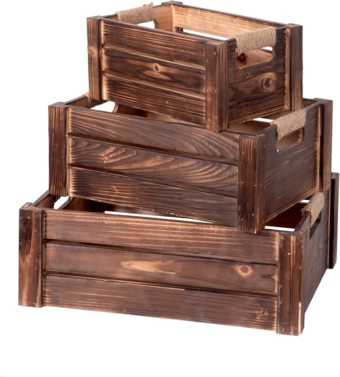 TIMRIS Set of 3 Rustic Wood Nesting Crates, Farmhouse Wooden Storage Container by TIMRIS