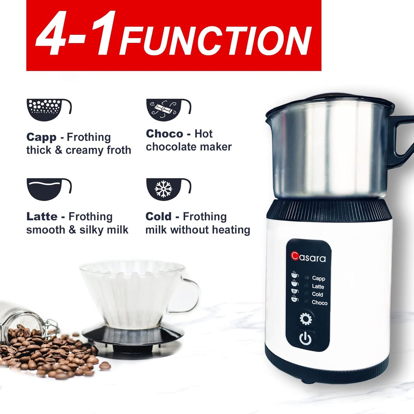 Casara 4-in-1 Electric Milk Steamer and Frother,27oz Stainless Steel Pitcher,Hot and Cold Foam Maker and Milk Warmer for Lattes,Cappuccinos,Macchiato