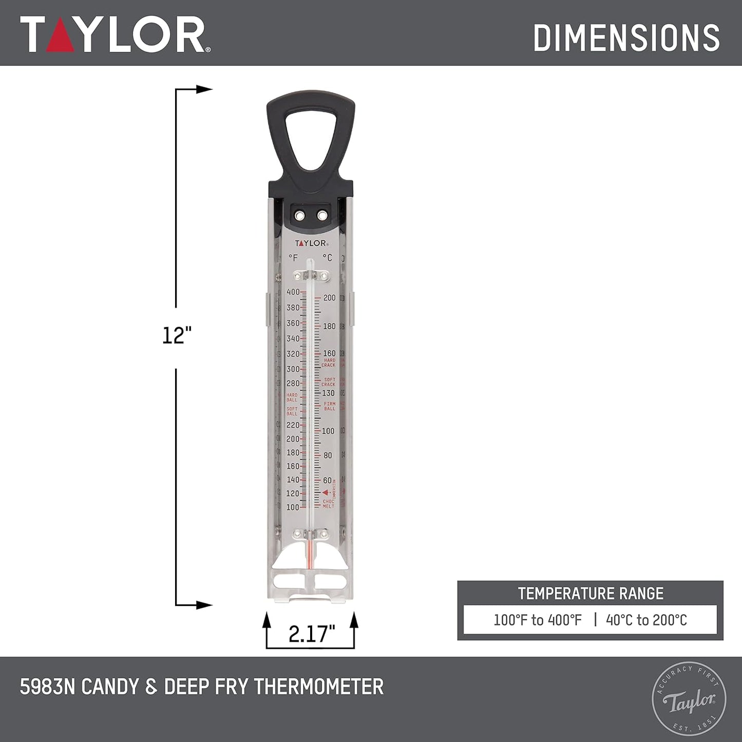 Taylor Programmable Digital Candy and Deep Fry Thermometer with Green Light Alert Display & Stainless Steel Candy Deep Fry Food Cooking Kitchen Analog Thermometer, 12 Inches