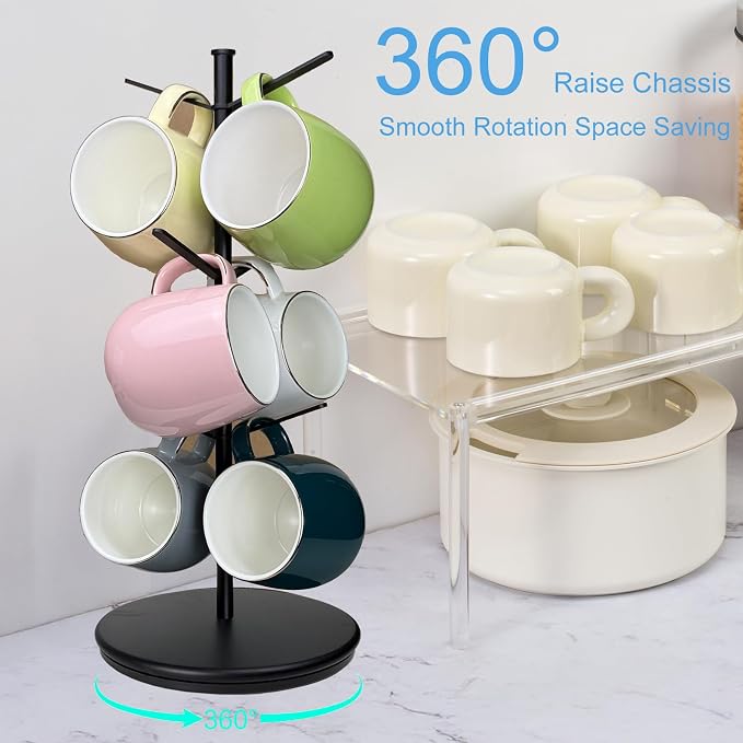360° Rotating Mug Tree, 6 Hooks Upgraded Stable Metal Mug Holder, Bamboo Base - Image 2