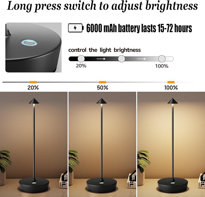 Rechargeable Cordless Table Lamp, Portable Powered LED Battery 6000mAh Metal - Image 4