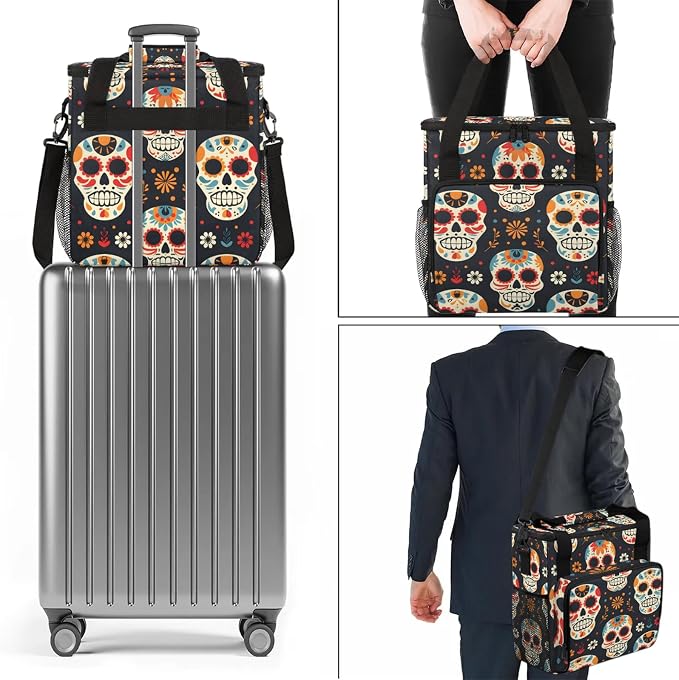 Sugar Skull Floral Coffee Maker Carring Bag, Large Insulated Storage Organizer - Image 7