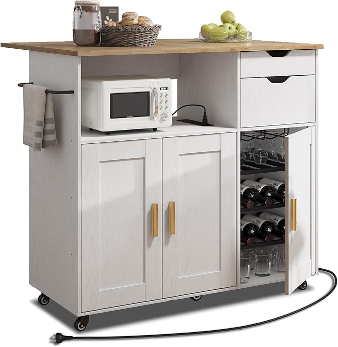 Kitchen Island Cart with Power Outlet, Rolling Kitchen Cart on Wheels with by AstronApeFurniture