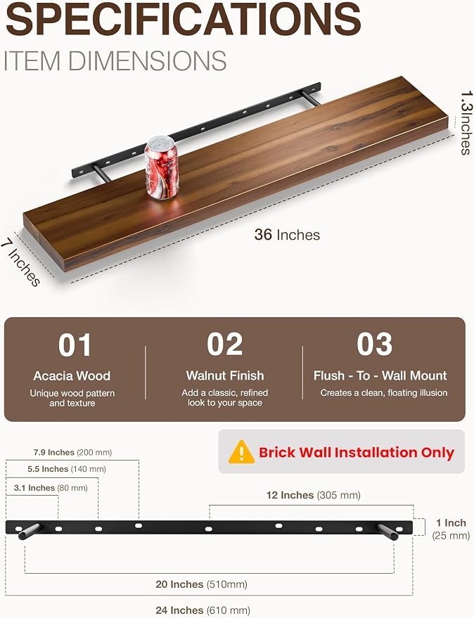 BATODA Set of 2 36" Acacia Floating Shelves - Image 2