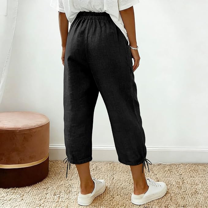 Linen Capri Pants for Women Drawstring Elastic Wide Leg Trouser 2026 Summer - Image 3