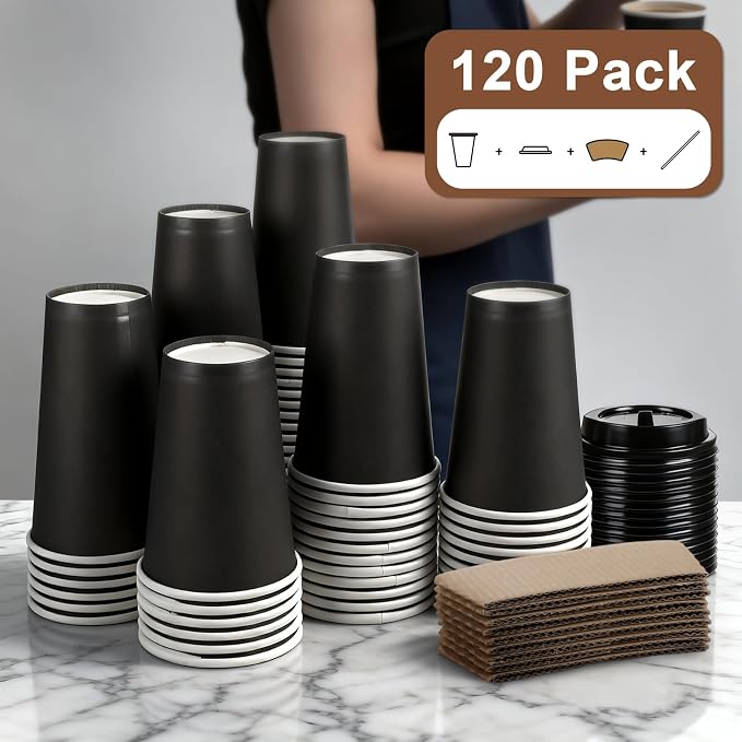 RAZCC 120 Pack 16 oz Paper Coffee Cups Set, Disposable Black Coffee Cups - Image 6