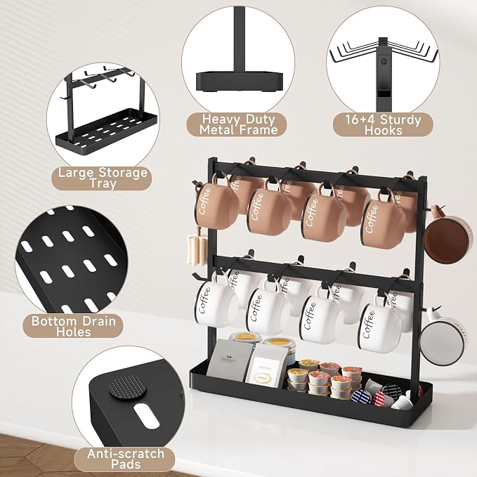 Coffee Mug Holder for Countertop 20 Hooks Mug Tree Rack 2 Tier Counter Cups - Image 2