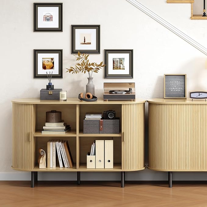 Buffet Cabinet with Storage, Fluted Sideboard Buffet with Sliding Door - Image 8