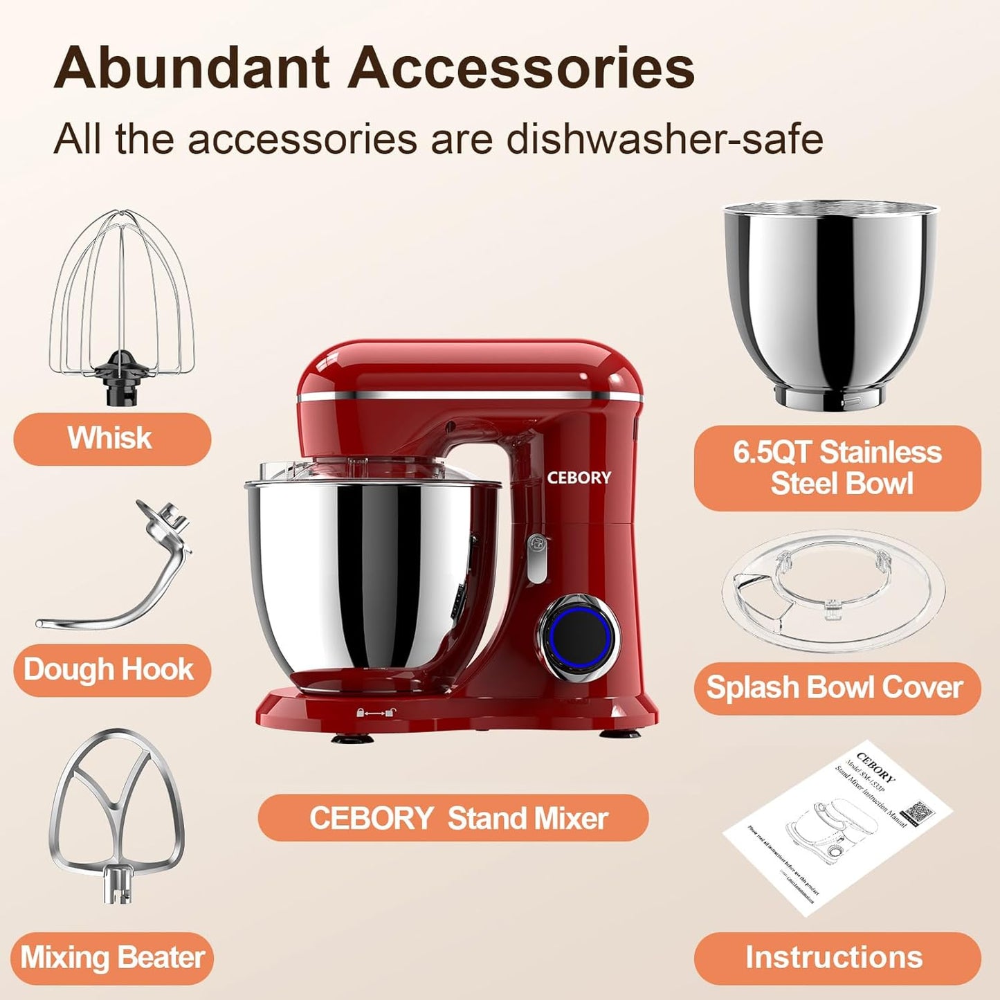 3-IN-1 Electric Stand Mixer, 6.5QT Bowl 660W 10-Speed Kitchen Mixer, Household Food Mixers include Dough Hook, Beater and Whisk, Bread Cake Mixer for Baking and Most Home Cooks, Red