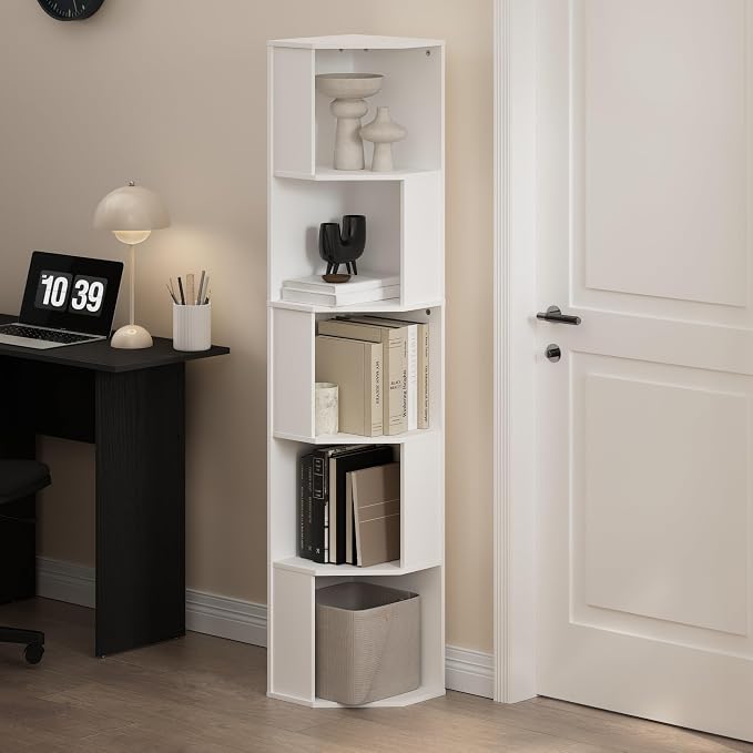 Furinno ECON Corner Shelf, 5-Tier Corner Book Shelf, Standing Storage Shelves - Image 2
