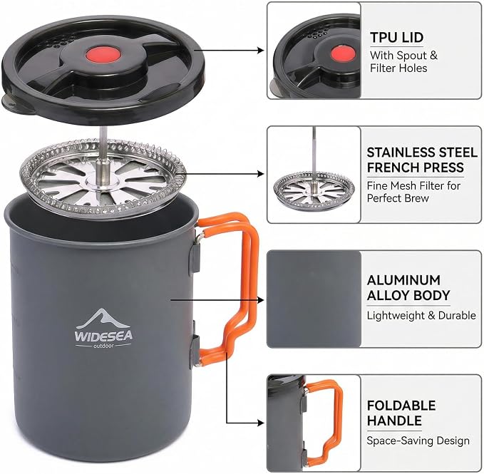 widesea Portable French Press Coffee Maker Set - 750ml Camping Coffee Cup - Image 3