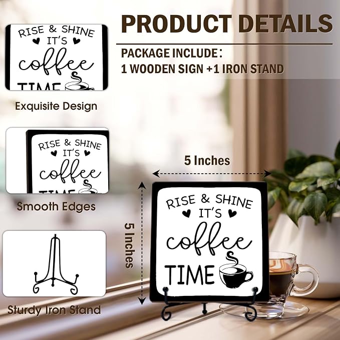 Minimalism Coffee Bar Decor, Rise & Shine It's Coffee Time Wood Plaque - Image 2