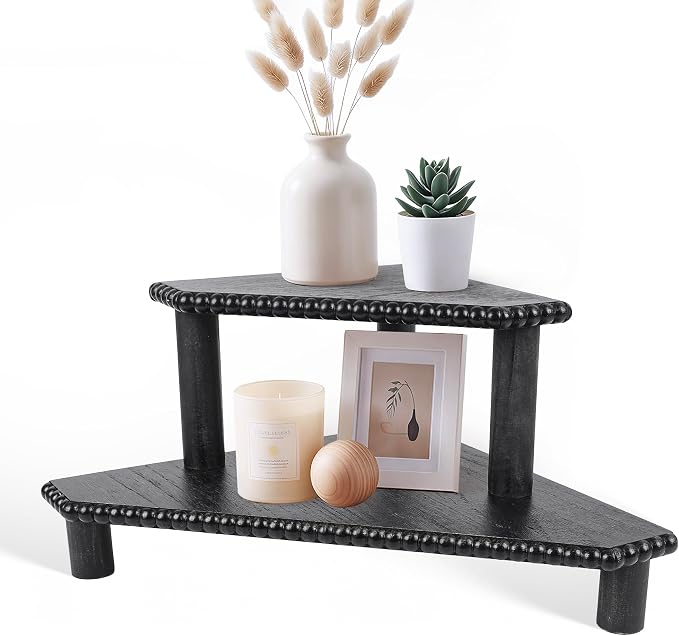 2-Tier Rustic Corner Shelf for Kitchen Counter, Wood Beaded Farmhouse by MITREL
