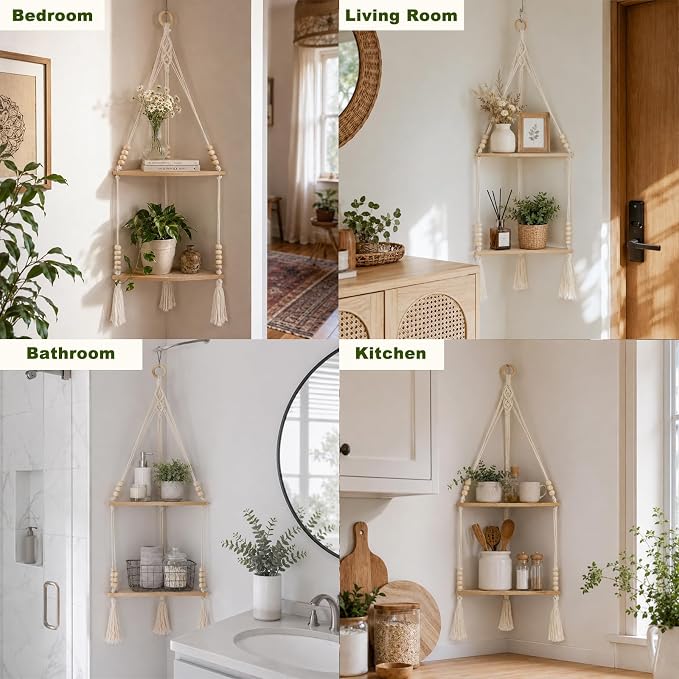 Artilady Macrame Wall Hanging Corner Shelf 2-Tier, Adjustable Boho Stable - Image 3
