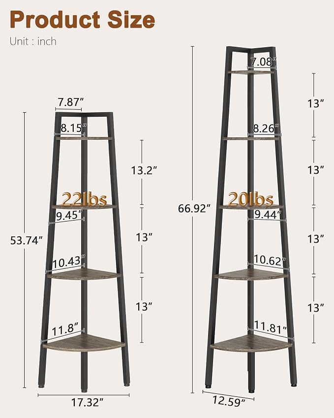 Hoctieon Corner Shelf, 5-Tier Corner Bookshelf, Rustic Ladder Shelf, Industrial - Image 2