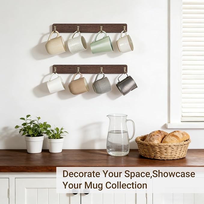 Mkono Coffee Mug Holder Wall Mounted Rustic Coffee Mug Rack - Image 4