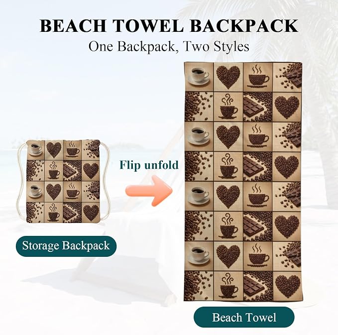 2-in-1 Beach Towel Backpack 31"x63", Heart Shape Coffee Beans Microfiber Bath - Image 4
