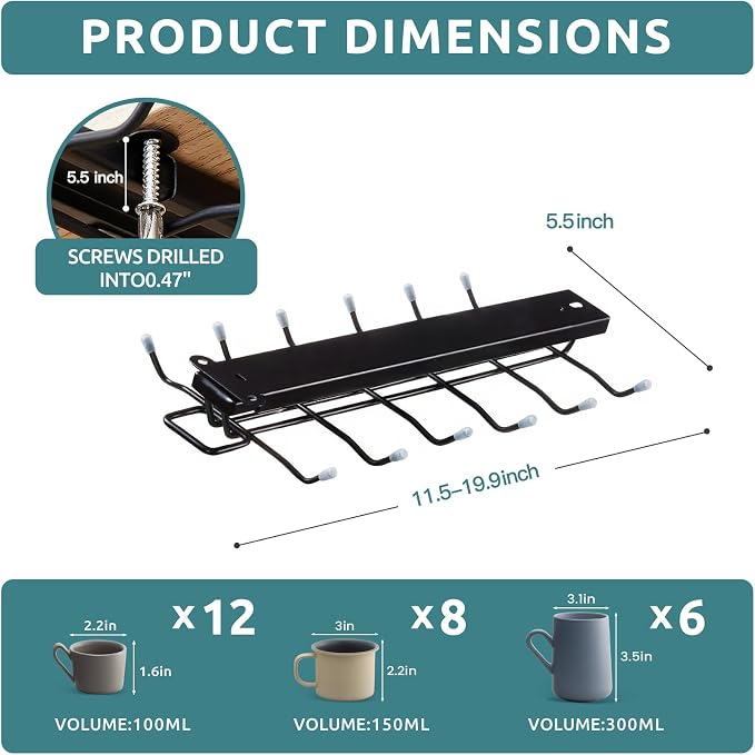 LiaMeE Sliding Mug Hooks Under Cabinet - Image 2