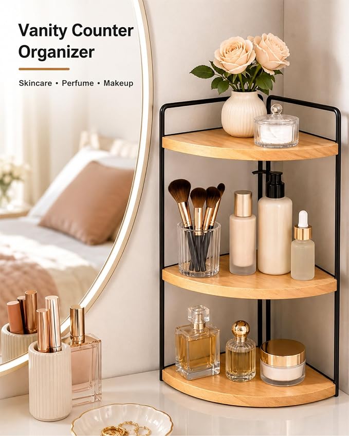 3-Tier Corner Bathroom Countertop Organizer, Solid Pine Wood Vanity Shelf | - Image 5