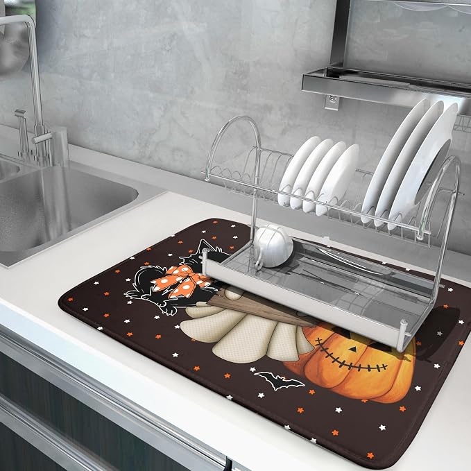Giwawa 18"x24" Halloween Dish Drying Mat Spooky Pumpkin Ghost Black Cat Bats - Image 5