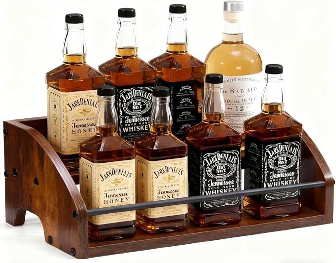 Wooden Liquor Bottle Display Shelf, 2 Tier Countertop Liquor Wine Rack by ICOHOT