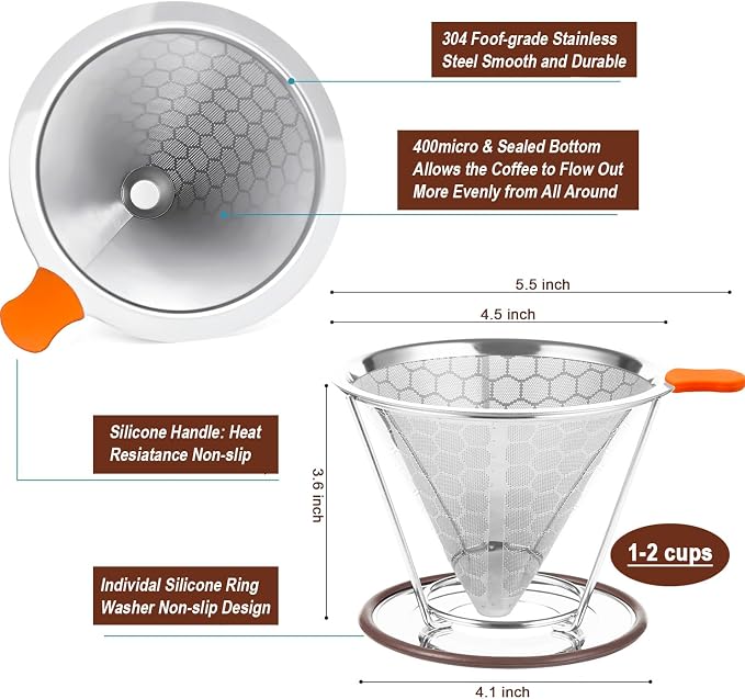 Pour Over Coffee Dripper, Stainless Steel Filter, Reusable Filter, Cone Dripper - Image 3