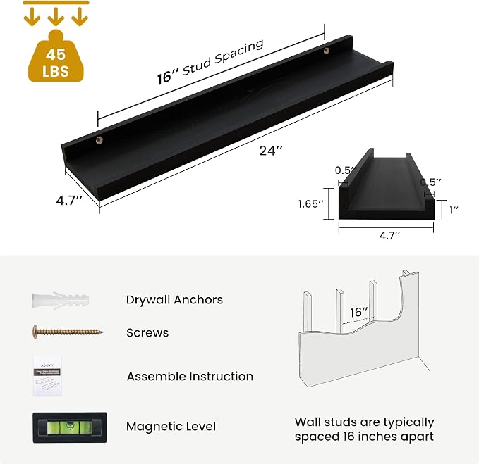Acovy Solid Ash Wood Picture Ledge Shelf, 24 Inch Floating Shelves - Image 3