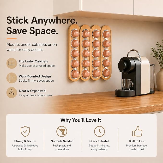 Bamboo Coffee Pod Holder, Adhesive Wall Mount - Image 7