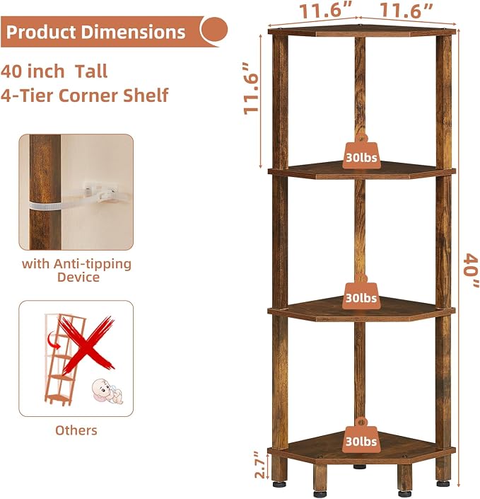 YUFAM 4-Tier Corner Shelf with Sturdy 5-Leg Base, Wooden Corner Bookshelf - Image 2