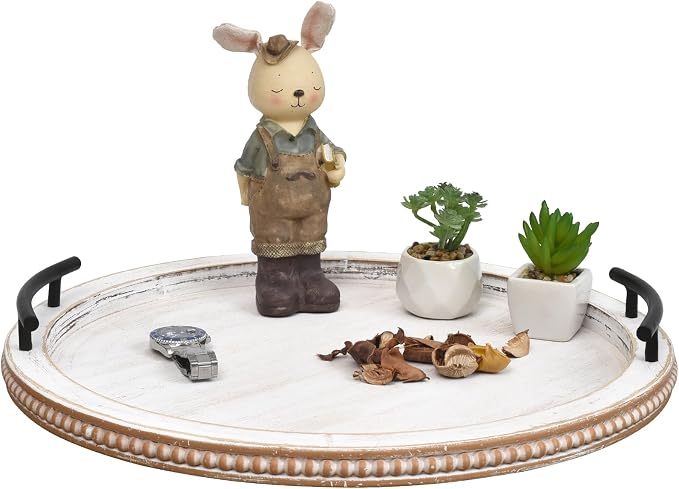 SwallowLiving 18Inch White Wooden Beaded Serving Tray by SwallowLiving
