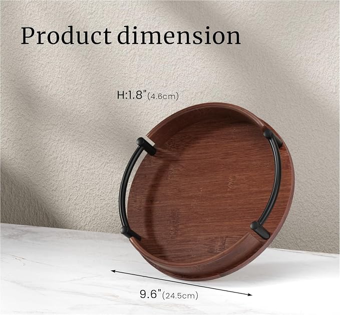 Fibogollo Bamboo Tray with Metal Handle, 9.84inches; Ottoman-Style Round - Image 4