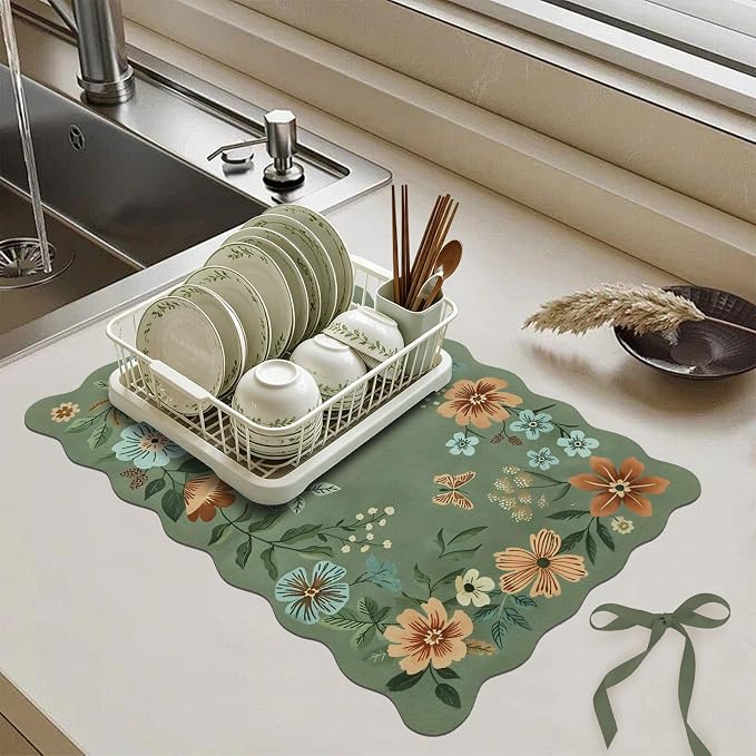 Scalloped Bohemian Boho Floral Flower Coffee Bar Mat Dish Drying Mats - Image 3