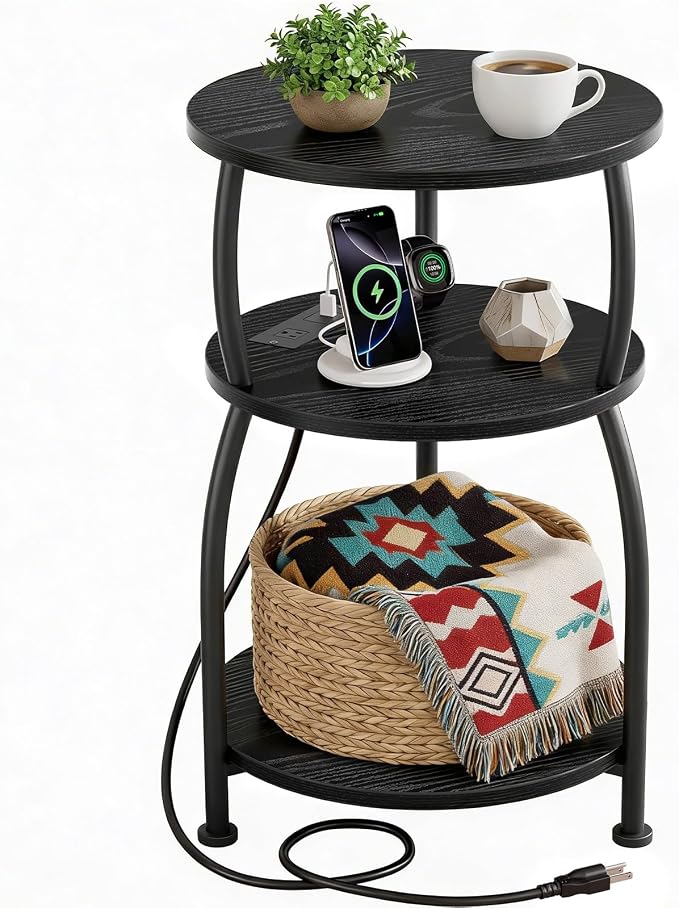 Round Side Table with Power Outlet & USB Ports, 3-Tier End Table with Storage by designyourhome