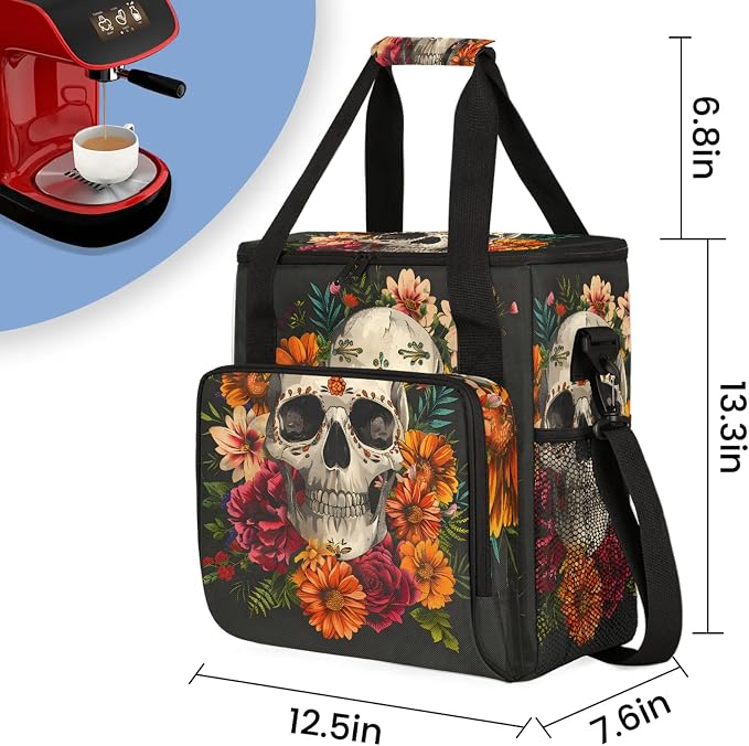 Sugar Flower Skull Floral Gothic Coffee Maker Carring Bag, Large Insulated - Image 2