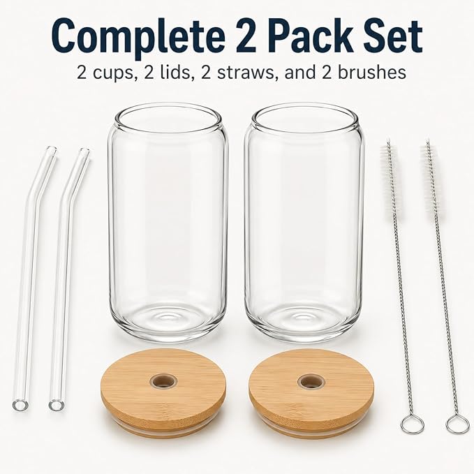 Glass Cups with Lids and Straws 2 Pack, 16 oz Iced Coffee Cups with Bamboo Lids - Image 4