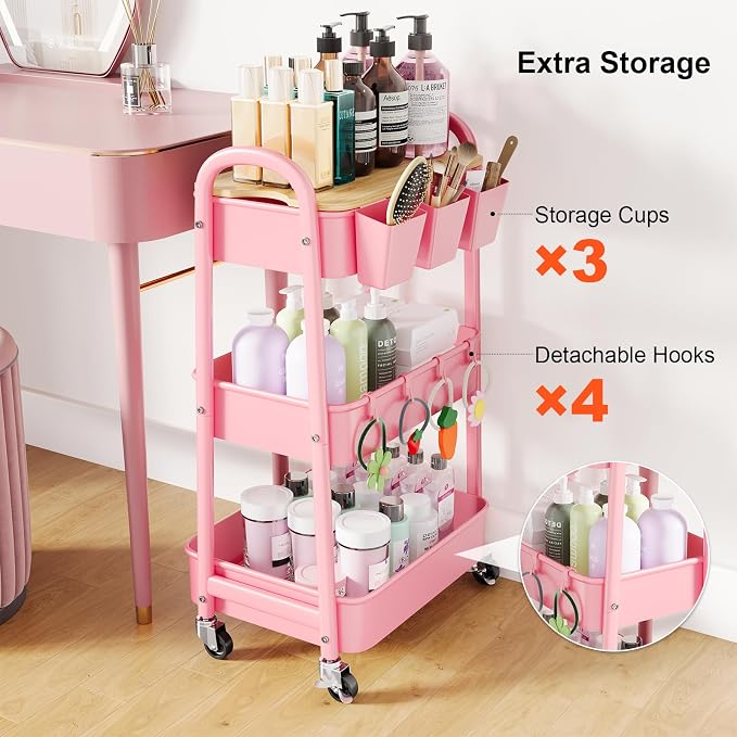 3 Tier Rolling Cart Metal with Wheels & Table Top, Three Tiered Craft Cart - Image 7