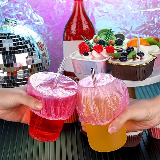 Baderke 100 Pcs Scrunchie Drink Covers Bulk Disposable Plastic Covers - Image 6