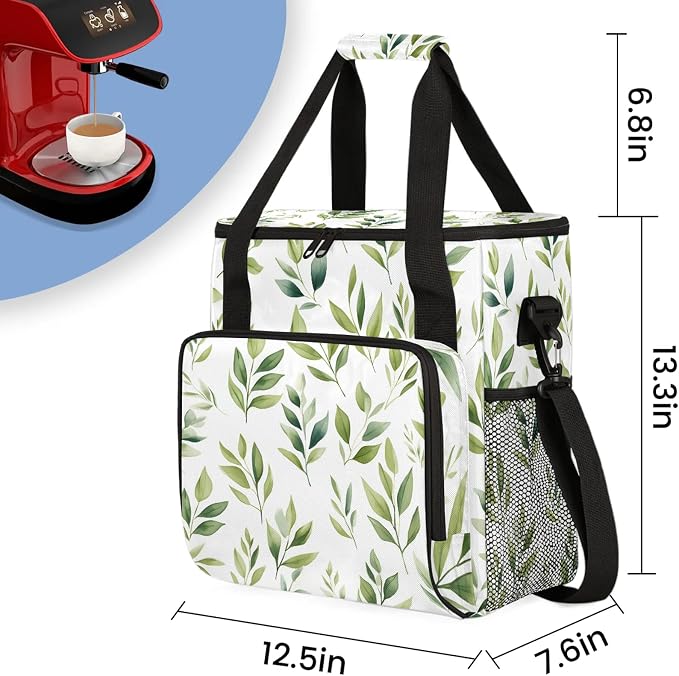 Green Leaves Coffee Maker Carring Bag, Large Insulated Storage Organizer Case - Image 2