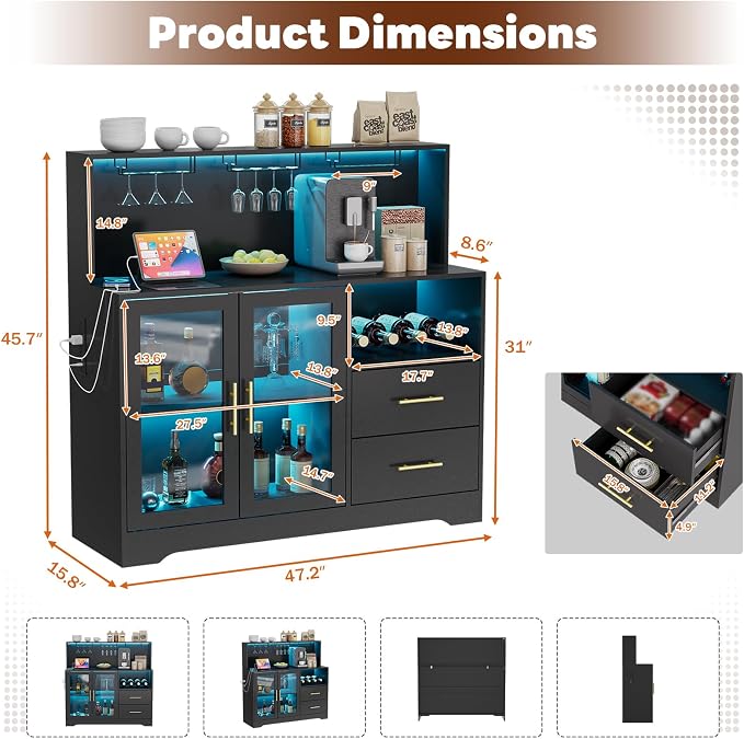 Wine Bar Cabinet with LED Lights, Liquor Bar Cabinets with Power Outlets - Image 2