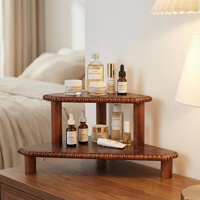 2-Tier Rustic Corner Shelf for Kitchen Counter, Wood Beaded Farmhouse - Image 8