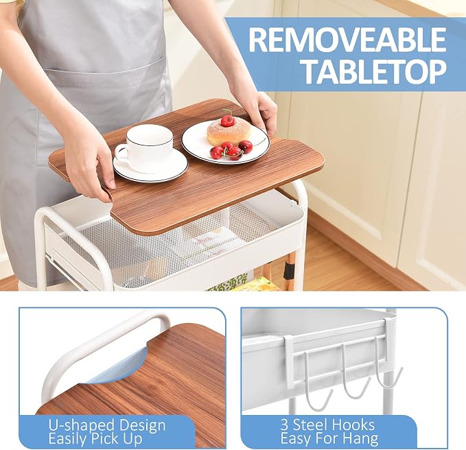TOOLF 3-Tier Rolling Cart with Table Top, Metal Storage Cart on Wheels - Image 3