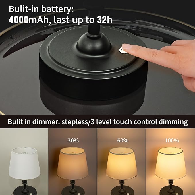 ONEWISH Small Cordless Lamp Dimmable-Battery Operated Table lamp, 4000mAh - Image 3