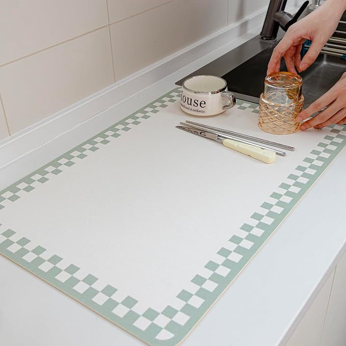 2PCS Non-slip Dish Drying Mats Black Sage Beige Checkered Coffee Bar Mat - Image 2