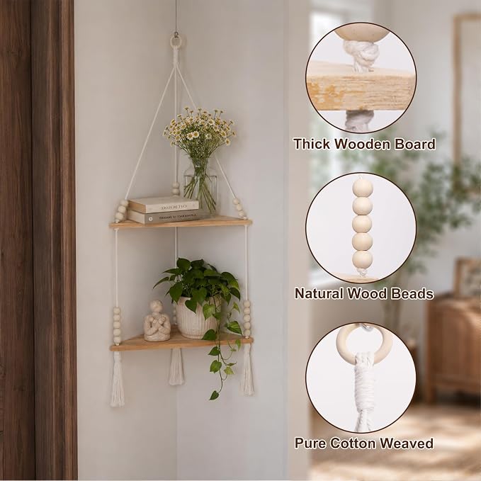 Artilady Macrame Wall Hanging Corner Shelf 2-Tier, Adjustable Boho Stable - Image 6