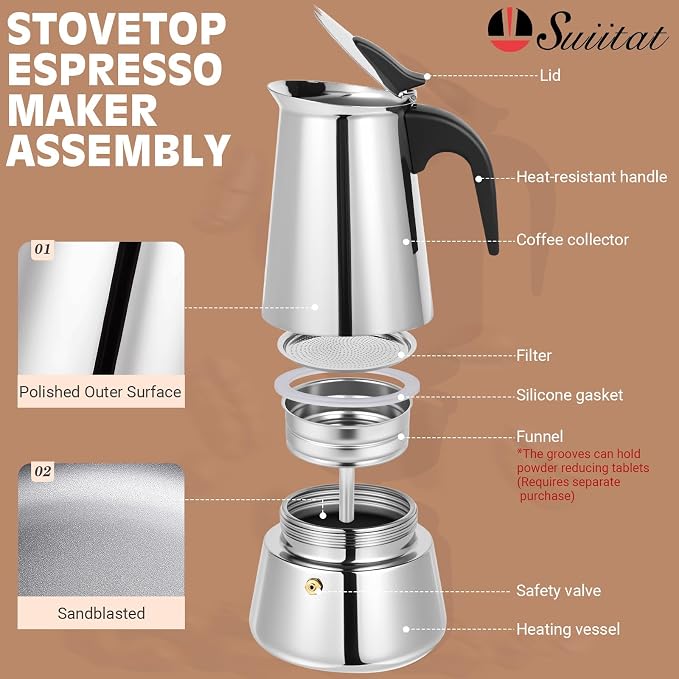 Moka Pot, 4 Cups Stovetop Espresso Maker, 304 Stainless Steel Moka Pot - Image 2